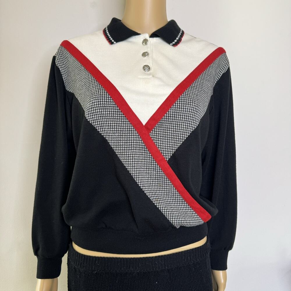 Vintage 80s Alfred Dunner Color Block Collared Sweatshirt Retro Preppy USA S - Picture 2 of 5